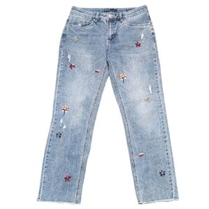 FDJ Embellished Floral Distressed Boyfriend Jeans Light Wash Denim Raw Hem